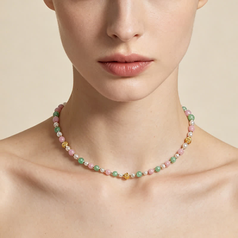 Buddha Stones Collana Peace con perle di quarzo rosa naturale, quarzo verde fragola e quarzo rosa. - image 10