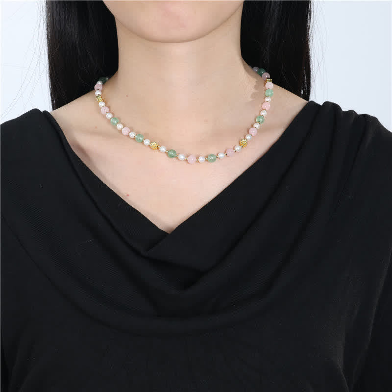Buddha Stones Collana Peace con perle di quarzo rosa naturale, quarzo verde fragola e quarzo rosa. - image 4