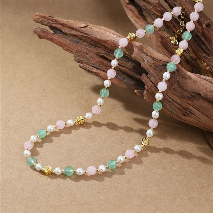 Buddha Stones Collana Peace con perle di quarzo rosa naturale, quarzo verde fragola e quarzo rosa. - image 3
