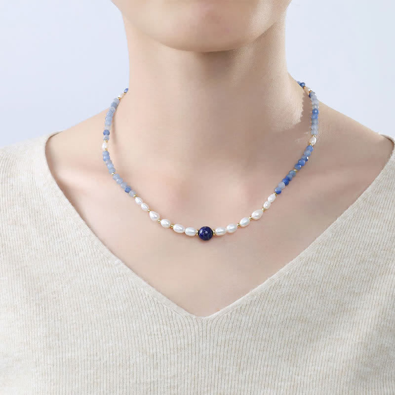 Buddha Stones Collana con perle concentrate di avventurina blu naturale, lapislazzuli e perle - image 4