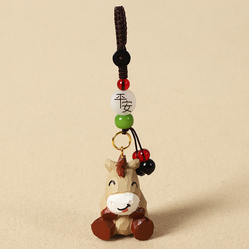 Buddha Stones Portachiavi in ​​legno di tiglio inciso con zodiaco cinese, fiore di pruno, pace e sicurezza, Om Mani Padme Hum, simbolo positivo. - Cavallo 4 cm (colore, forma e dimensioni possono variare) - Pace e sicurezza - image 2