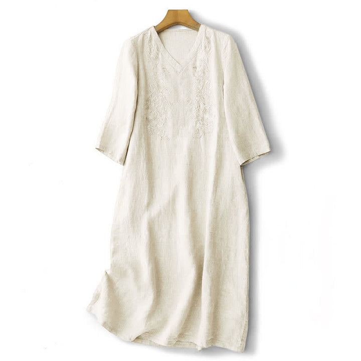 Buddha Stones Abito estivo da donna a maniche corte con ricami e tasche, tinta unita. - Beige - US12, UK/AU16, EU44 (2XL) - image 7