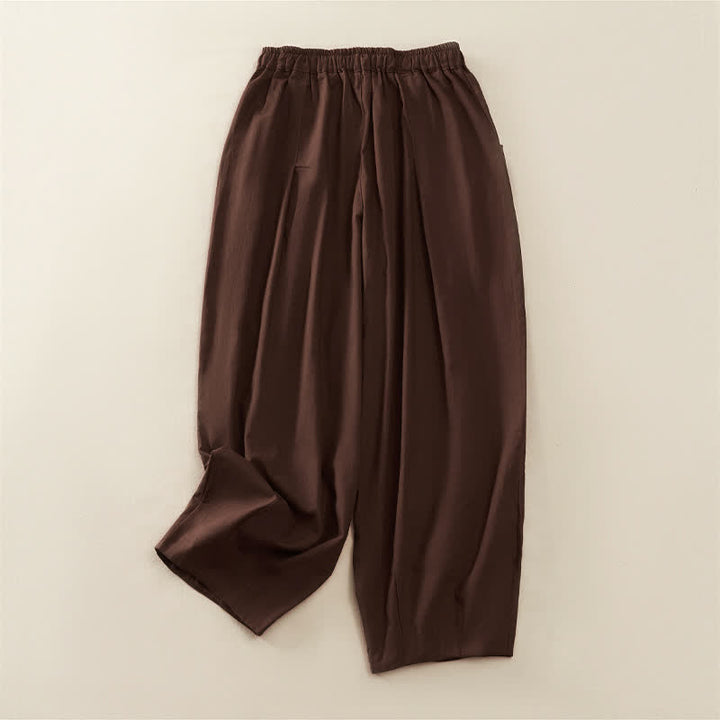 Buddha Stones Pantaloni harem da donna primaverili casual con elastico in vita, pieghe e tasche, tinta unita. - image 1