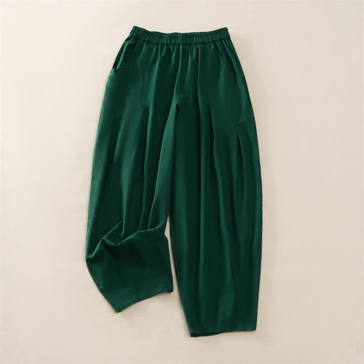 Buddha Stones Pantaloni harem da donna primaverili casual con elastico in vita, pieghe e tasche, tinta unita. - Verde studentesco - US8-10, UK/AU12-14, EU40-42 (2XL) - image 7