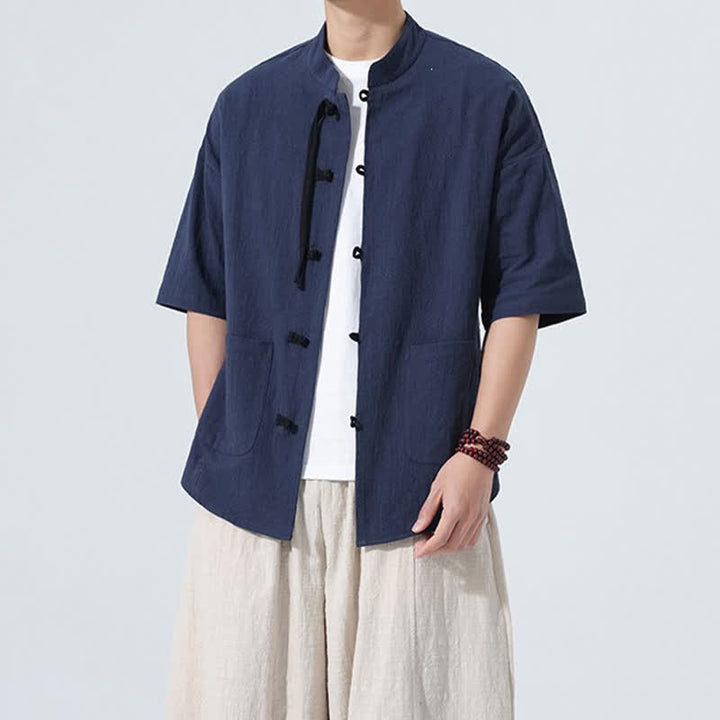 Buddha Stones Camicia da uomo estiva casual a maniche corte con colletto alla coreana, bottoni a rana e tasche. - image 23