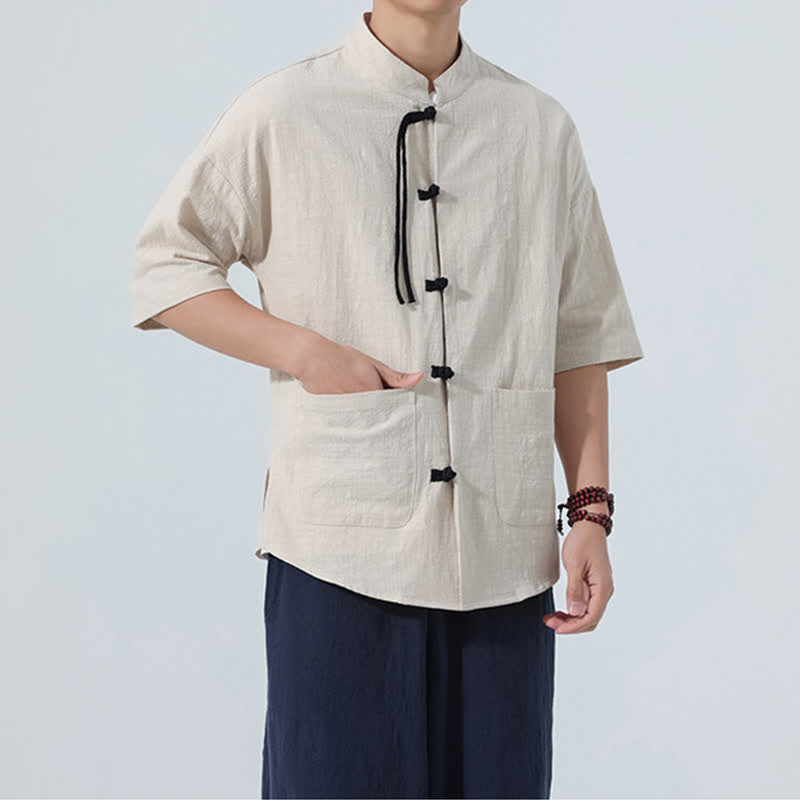 Buddha Stones Camicia da uomo estiva casual a maniche corte con colletto alla coreana, bottoni a rana e tasche. - image 4
