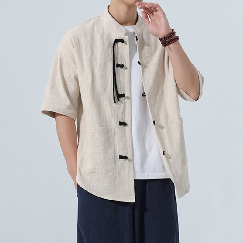 Buddha Stones Camicia da uomo estiva casual a maniche corte con colletto alla coreana, bottoni a rana e tasche. - image 5