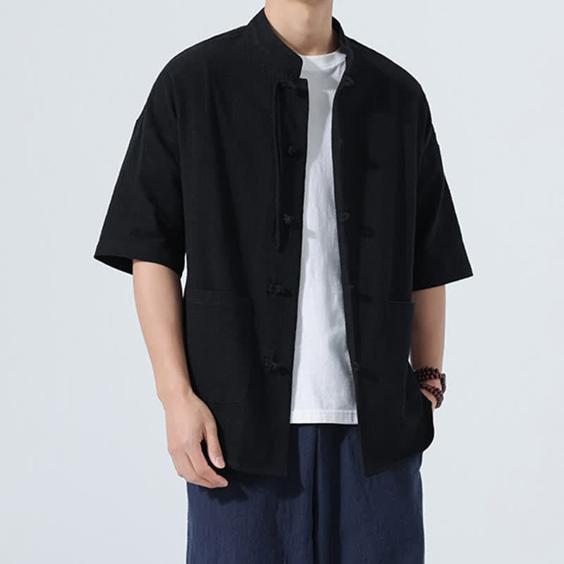 Buddha Stones Camicia da uomo estiva casual a maniche corte con colletto alla coreana, bottoni a rana e tasche. - image 12