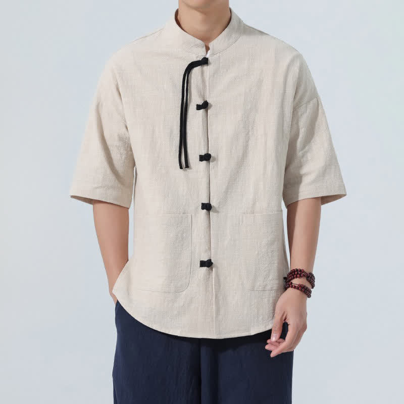 Buddha Stones Camicia da uomo estiva casual a maniche corte con colletto alla coreana, bottoni a rana e tasche. - Biancheria - US/UK/AU48, EU58 (5XL) - image 0