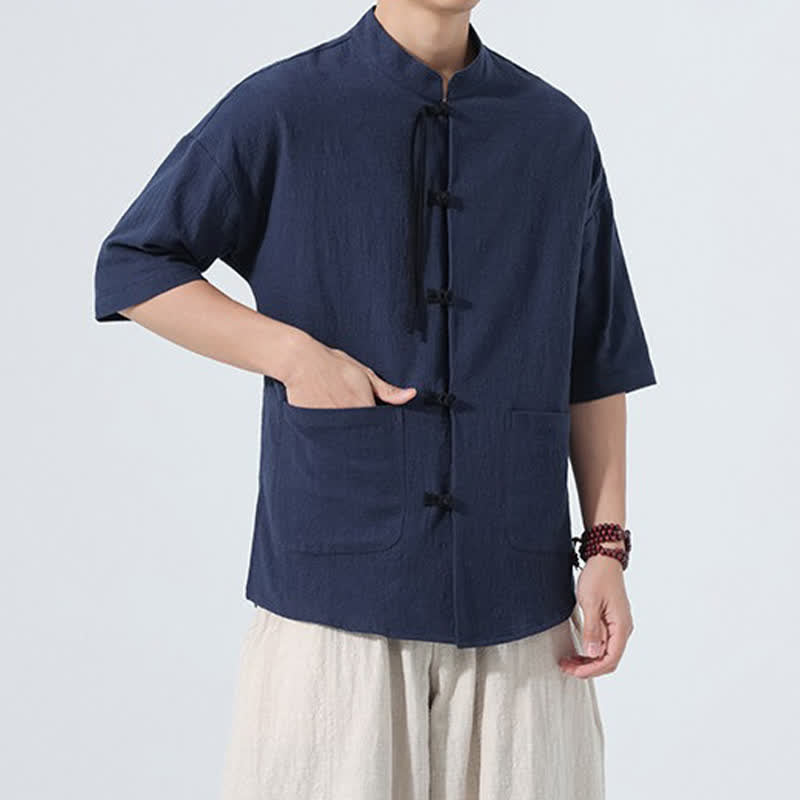 Buddha Stones Camicia da uomo estiva casual a maniche corte con colletto alla coreana, bottoni a rana e tasche. - image 20