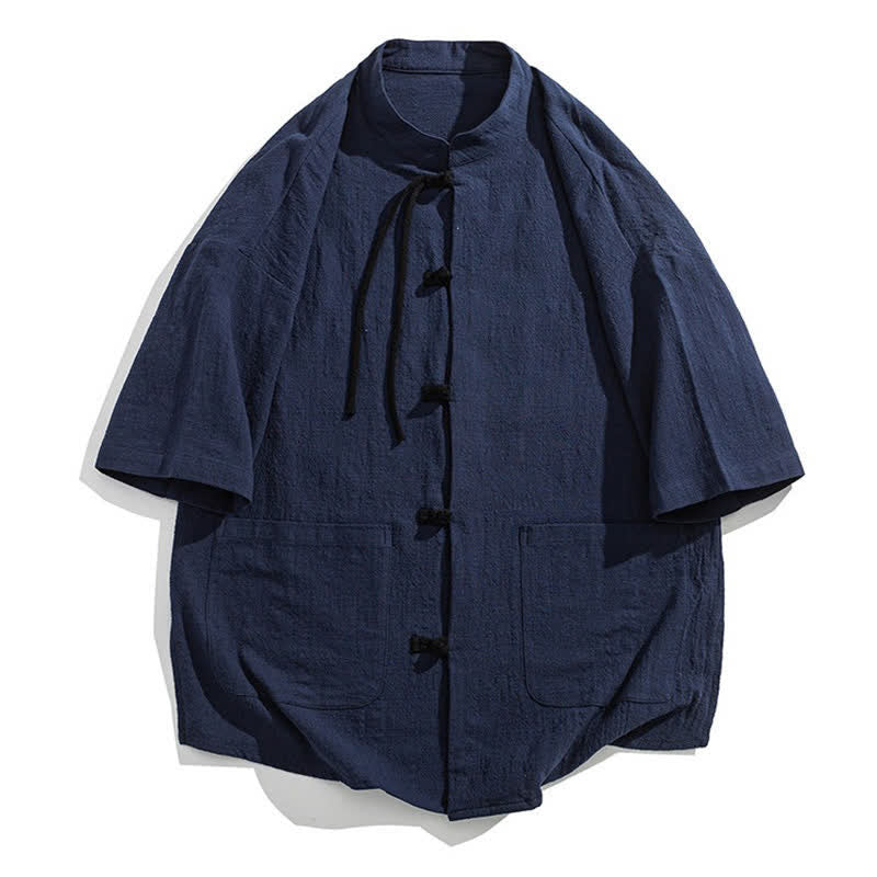Buddha Stones Camicia da uomo estiva casual a maniche corte con colletto alla coreana, bottoni a rana e tasche. - image 24