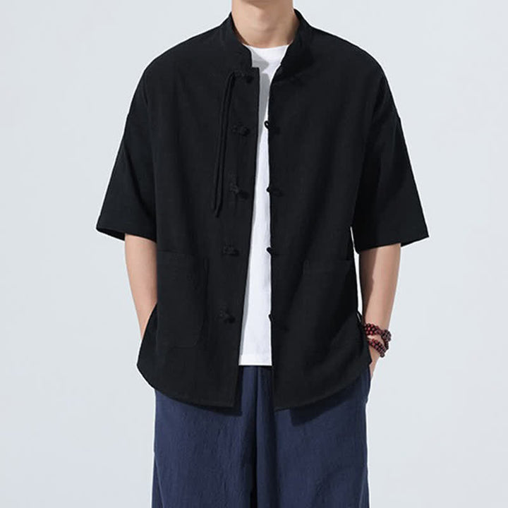 Buddha Stones Camicia da uomo estiva casual a maniche corte con colletto alla coreana, bottoni a rana e tasche. - image 13