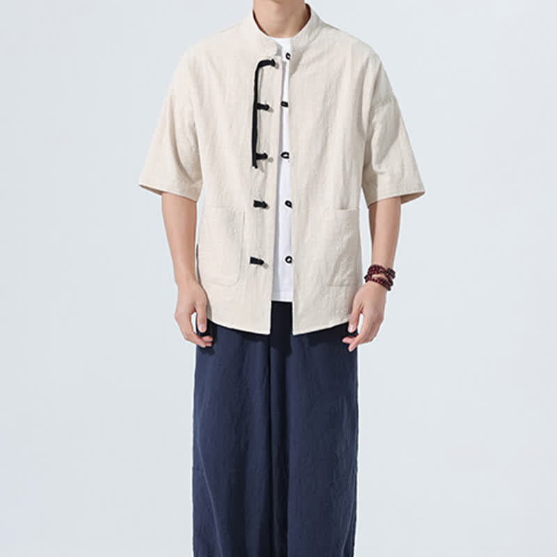 Buddha Stones Camicia da uomo estiva casual a maniche corte con colletto alla coreana, bottoni a rana e tasche. - image 6