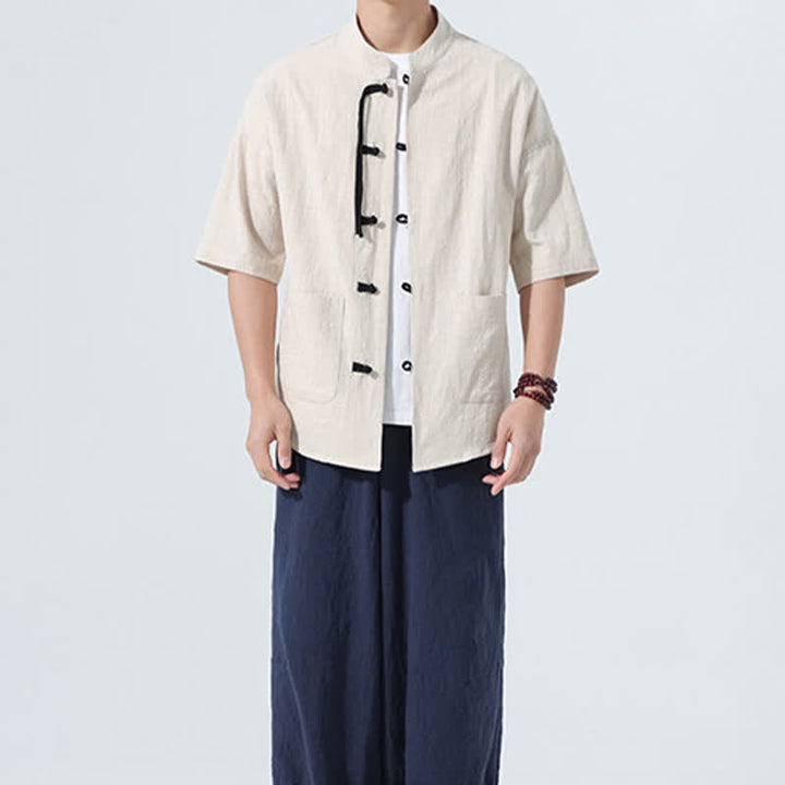 Buddha Stones Camicia da uomo estiva casual a maniche corte con colletto alla coreana, bottoni a rana e tasche. - image 6