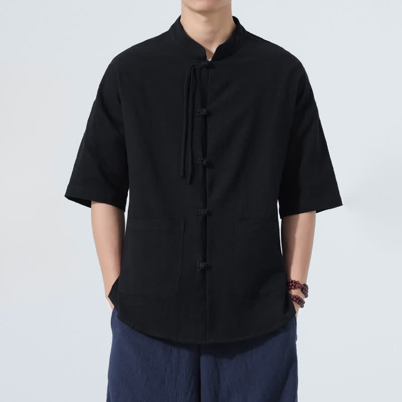 Buddha Stones Camicia da uomo estiva casual a maniche corte con colletto alla coreana, bottoni a rana e tasche. - Nero - US/UK/AU48, EU58 (5XL) - image 11