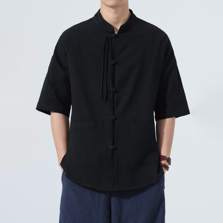 Buddha Stones Camicia da uomo estiva casual a maniche corte con colletto alla coreana, bottoni a rana e tasche. - Nero - US/UK/AU48, EU58 (5XL) - image 11