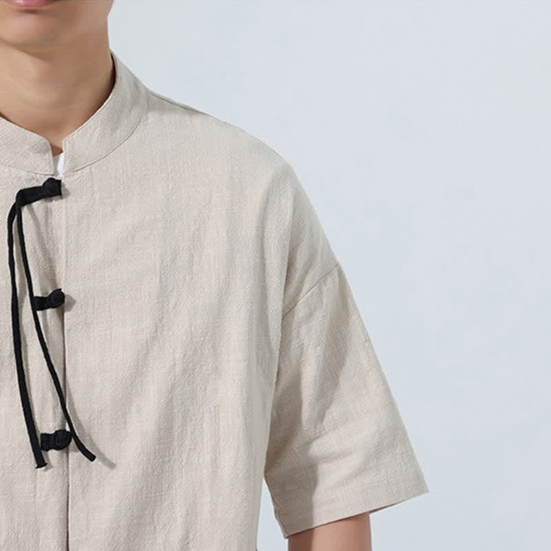 Buddha Stones Camicia da uomo estiva casual a maniche corte con colletto alla coreana, bottoni a rana e tasche. - image 9