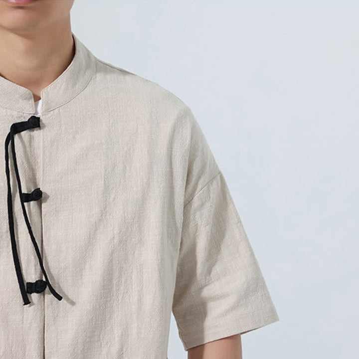 Buddha Stones Camicia da uomo estiva casual a maniche corte con colletto alla coreana, bottoni a rana e tasche. - image 9
