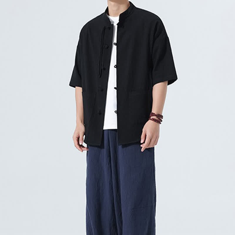 Buddha Stones Camicia da uomo estiva casual a maniche corte con colletto alla coreana, bottoni a rana e tasche. - image 14