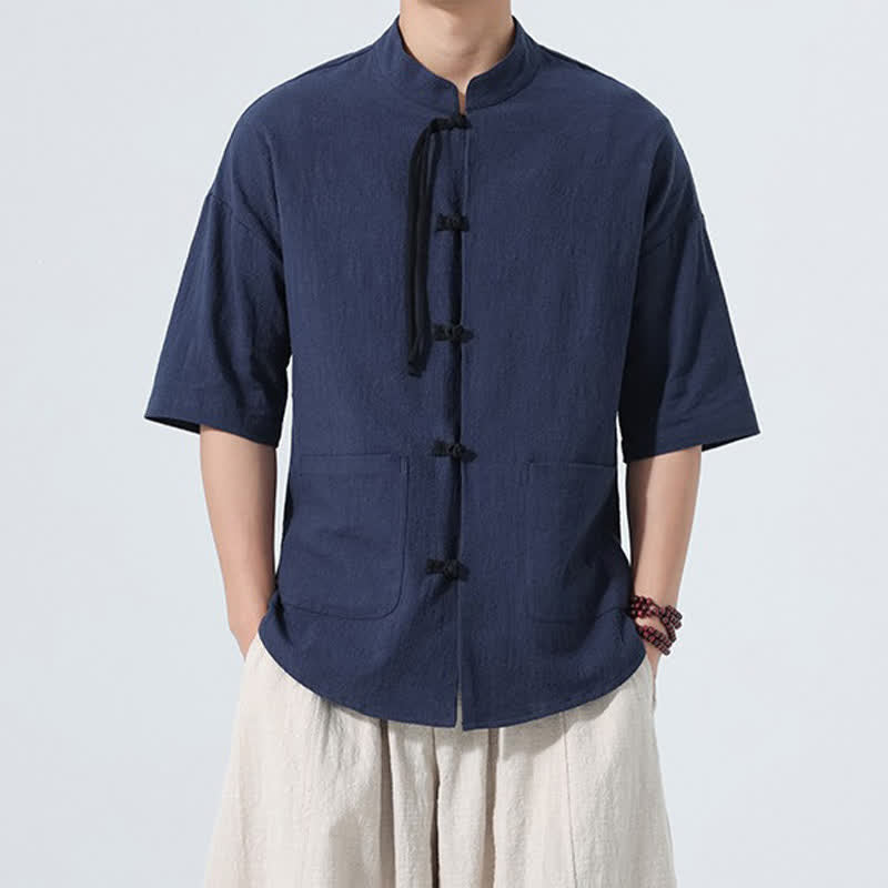 Buddha Stones Camicia da uomo estiva casual a maniche corte con colletto alla coreana, bottoni a rana e tasche. - Blu notte - US/UK/AU48, EU58 (5XL) - image 16