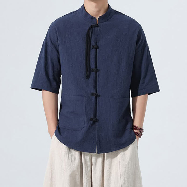 Buddha Stones Camicia da uomo estiva casual a maniche corte con colletto alla coreana, bottoni a rana e tasche. - Blu notte - US/UK/AU48, EU58 (5XL) - image 16