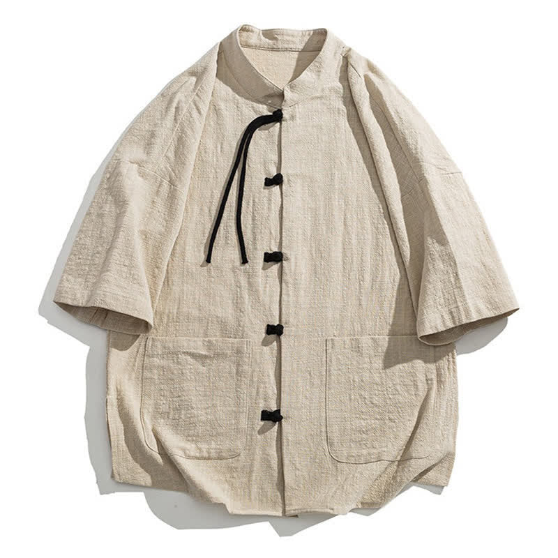 Buddha Stones Camicia da uomo estiva casual a maniche corte con colletto alla coreana, bottoni a rana e tasche. - image 10