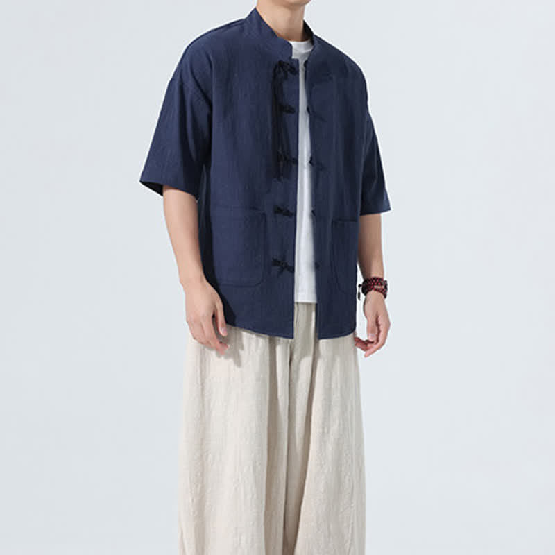 Buddha Stones Camicia da uomo estiva casual a maniche corte con colletto alla coreana, bottoni a rana e tasche. - image 18