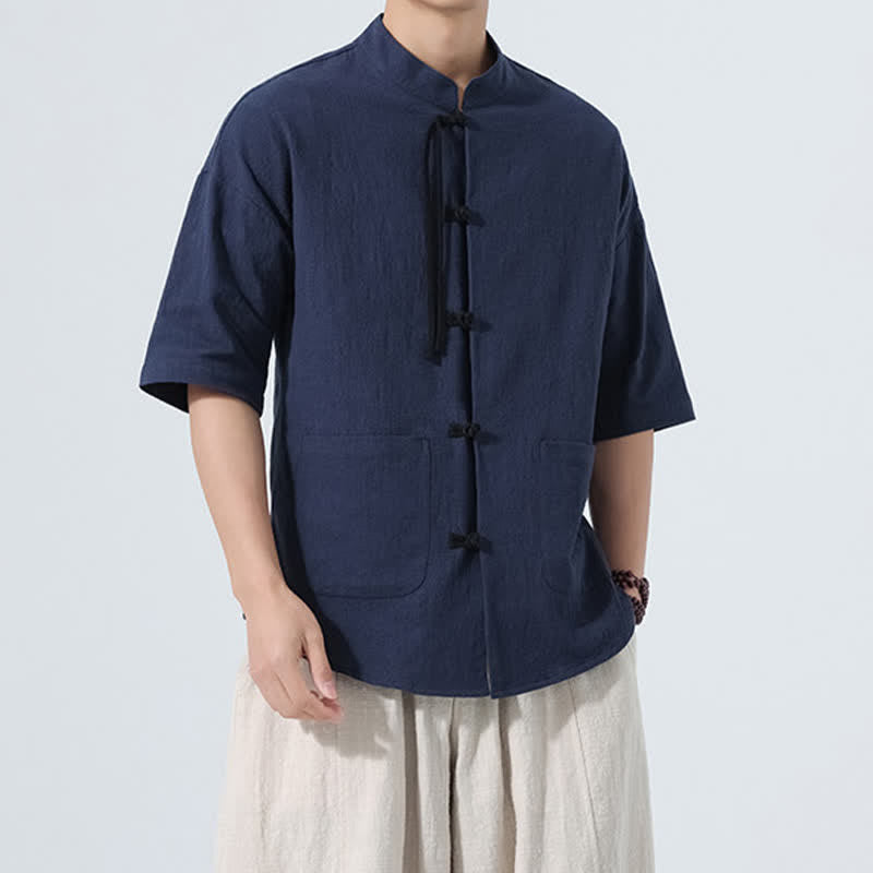 Buddha Stones Camicia da uomo estiva casual a maniche corte con colletto alla coreana, bottoni a rana e tasche. - image 19