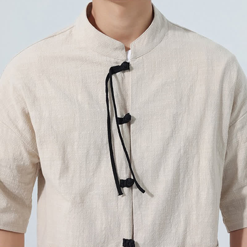 Buddha Stones Camicia da uomo estiva casual a maniche corte con colletto alla coreana, bottoni a rana e tasche. - image 8