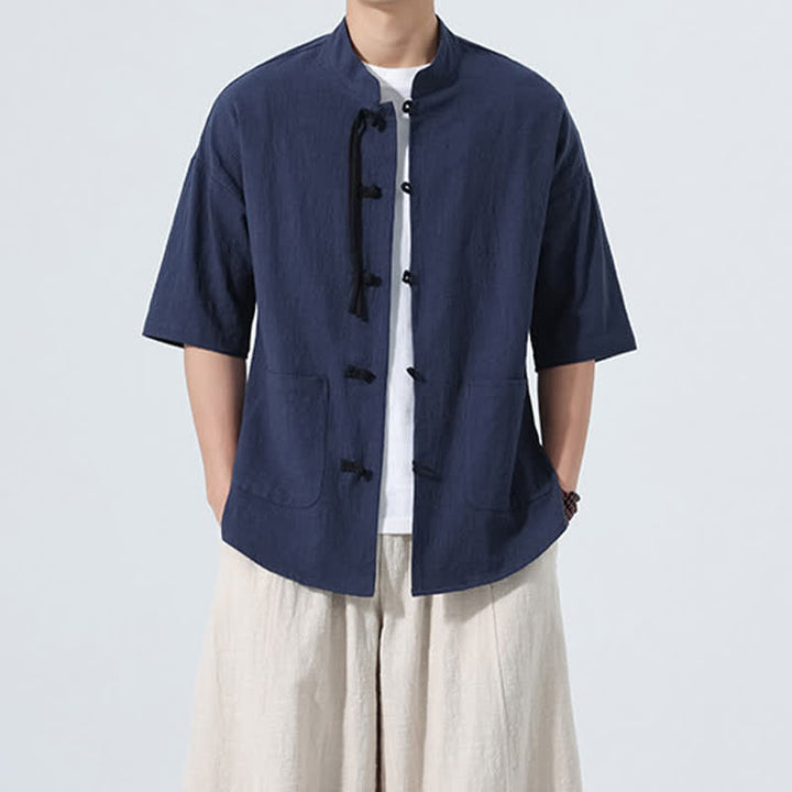 Buddha Stones Camicia da uomo estiva casual a maniche corte con colletto alla coreana, bottoni a rana e tasche. - image 17