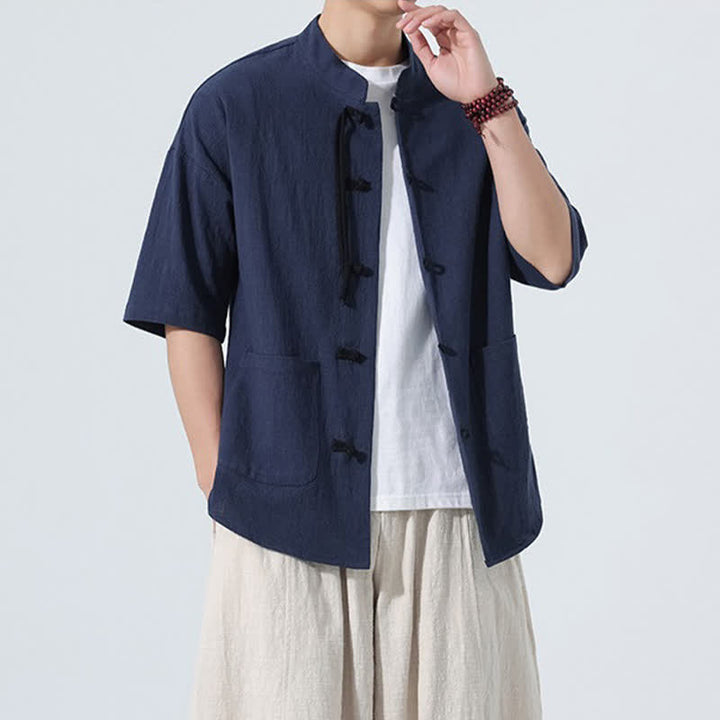 Buddha Stones Camicia da uomo estiva casual a maniche corte con colletto alla coreana, bottoni a rana e tasche. - image 22