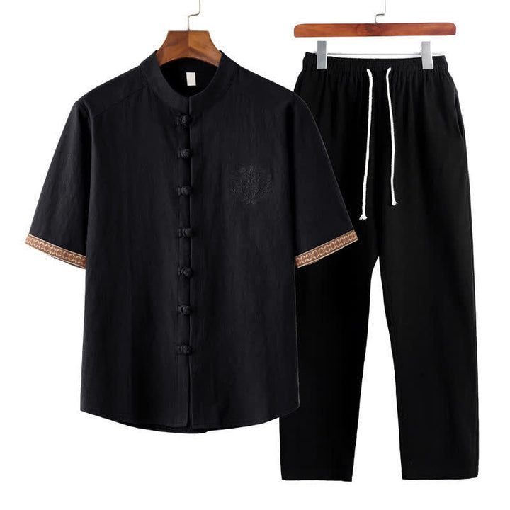 Buddha Stones Completo estivo da uomo composto da camicia a maniche corte con colletto alla coreana e bottoni a rana, pantaloni harem e tasche, ideale per la meditazione. - Nero - US/UK/AU46, EU56 (5XL) - image 11