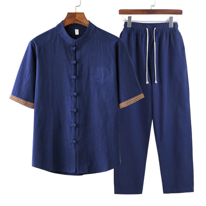 Buddha Stones Completo estivo da uomo composto da camicia a maniche corte con colletto alla coreana e bottoni a rana, pantaloni harem e tasche, ideale per la meditazione. - Blu reale - US/UK/AU46, EU56 (5XL) - image 0