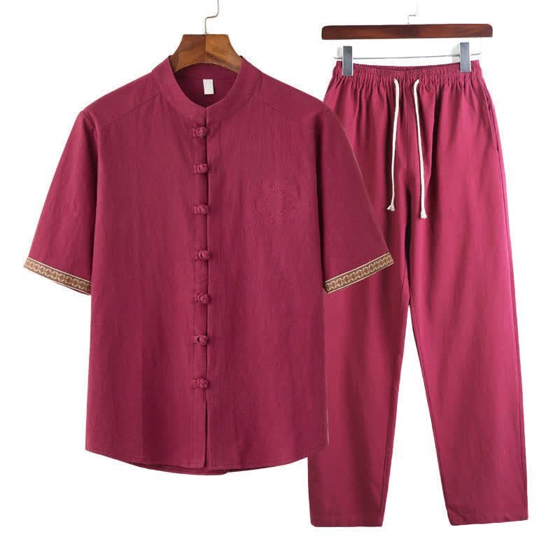 Buddha Stones Completo estivo da uomo composto da camicia a maniche corte con colletto alla coreana e bottoni a rana, pantaloni harem e tasche, ideale per la meditazione. - Cremisi - US/UK/AU46, EU56 (5XL) - image 1