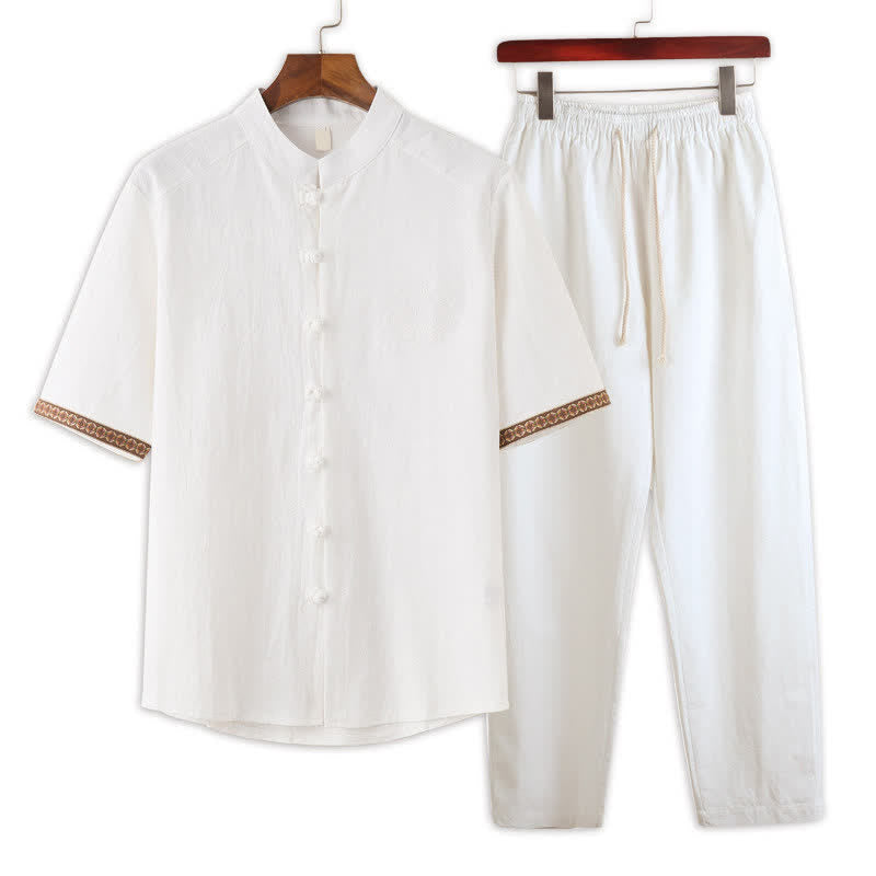 Buddha Stones Completo estivo da uomo composto da camicia a maniche corte con colletto alla coreana e bottoni a rana, pantaloni harem e tasche, ideale per la meditazione. - Bianco - US/UK/AU46, EU56 (5XL) - image 10