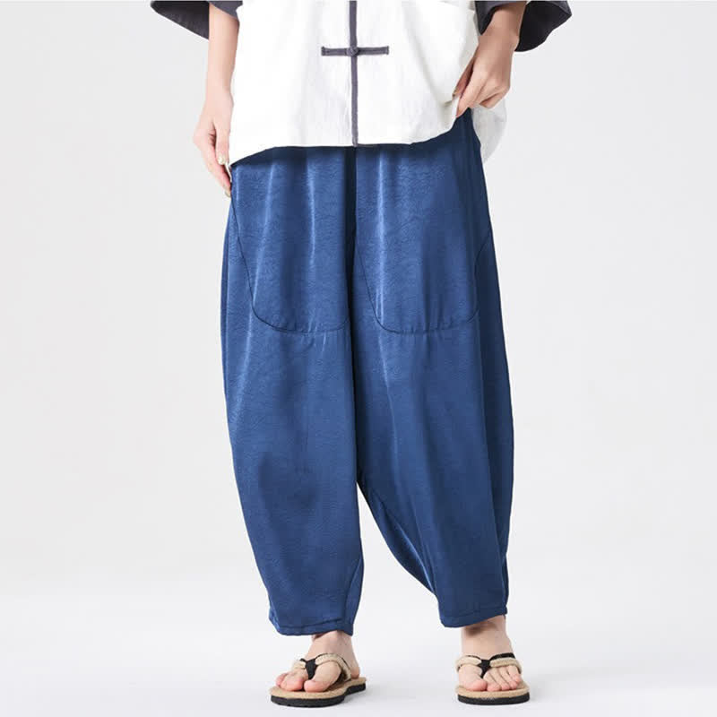 Buddha Stones Pantaloni harem da uomo estivi casual con tasche applicate, tinta unita. - image 3