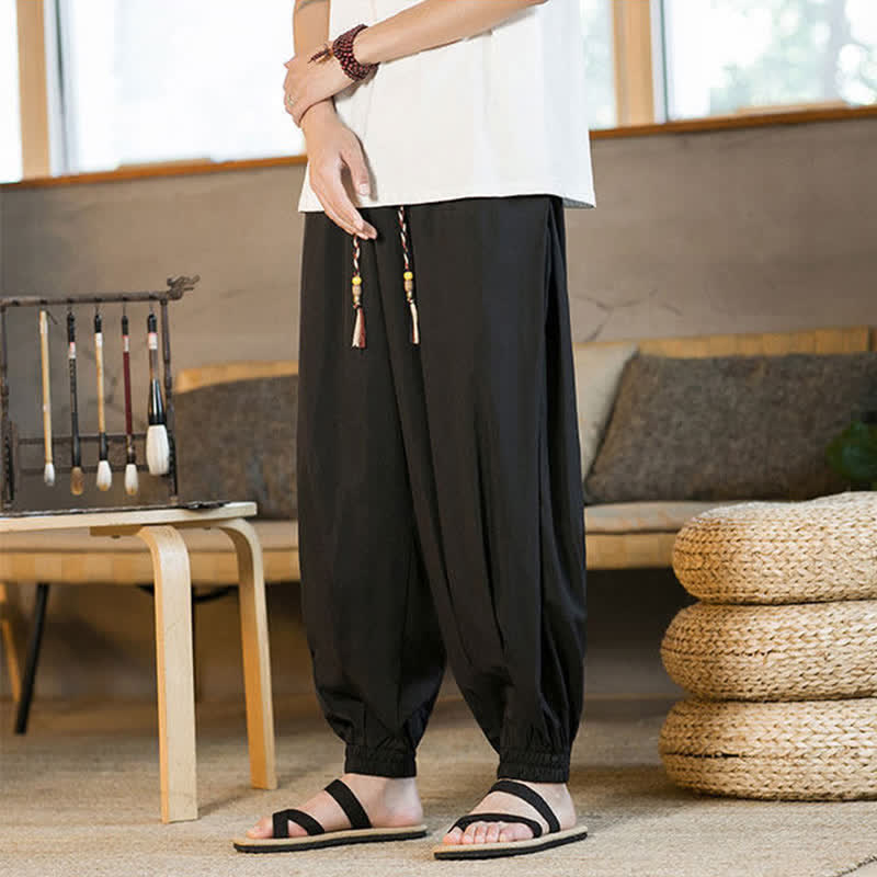 Buddha Stones Pantaloni harem da uomo estivi casual con coulisse e orlo elasticizzato, tinta unita, con tasche. - image 7