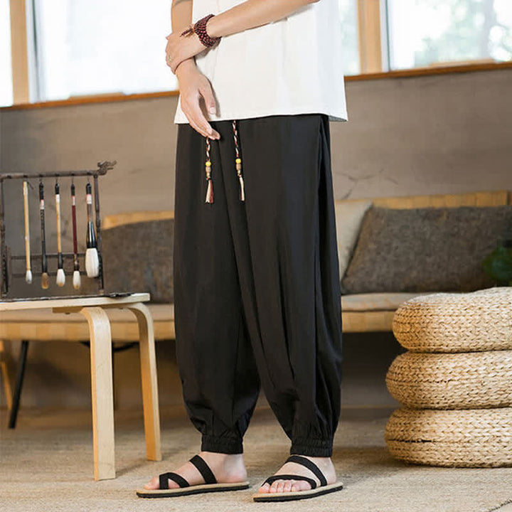 Buddha Stones Pantaloni harem da uomo estivi casual con coulisse e orlo elasticizzato, tinta unita, con tasche. - image 7