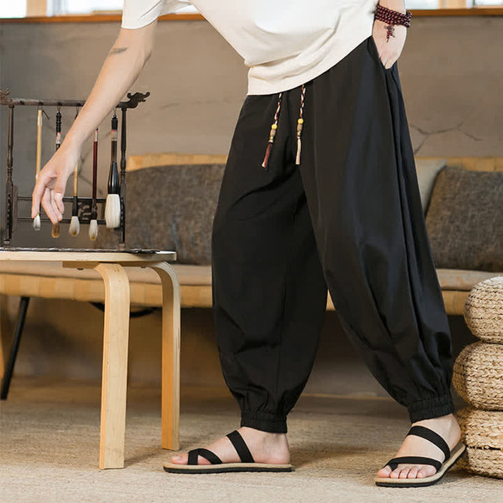 Buddha Stones Pantaloni harem da uomo estivi casual con coulisse e orlo elasticizzato, tinta unita, con tasche. - Nero - US/UK/AU46, EU56 (5XL) - image 4