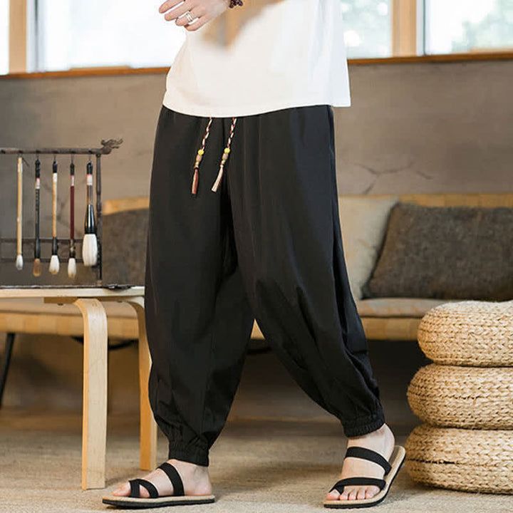 Buddha Stones Pantaloni harem da uomo estivi casual con coulisse e orlo elasticizzato, tinta unita, con tasche. - image 9