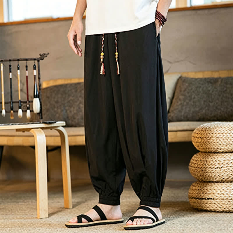 Buddha Stones Pantaloni harem da uomo estivi casual con coulisse e orlo elasticizzato, tinta unita, con tasche. - image 5