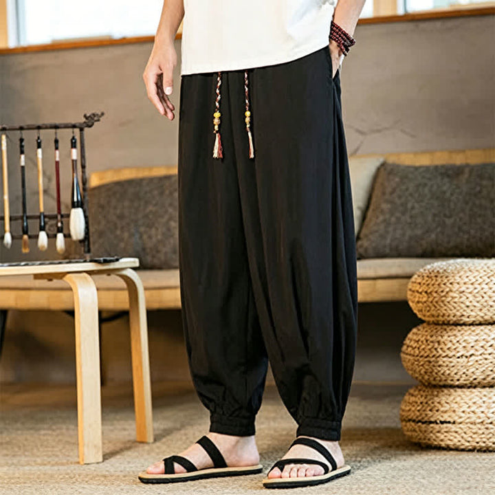 Buddha Stones Pantaloni harem da uomo estivi casual con coulisse e orlo elasticizzato, tinta unita, con tasche. - image 5