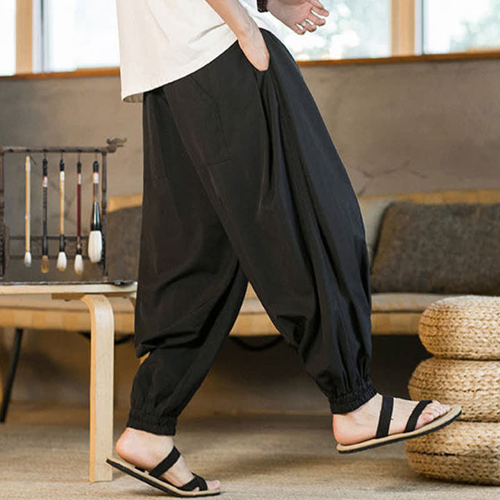 Buddha Stones Pantaloni harem da uomo estivi casual con coulisse e orlo elasticizzato, tinta unita, con tasche. - image 16