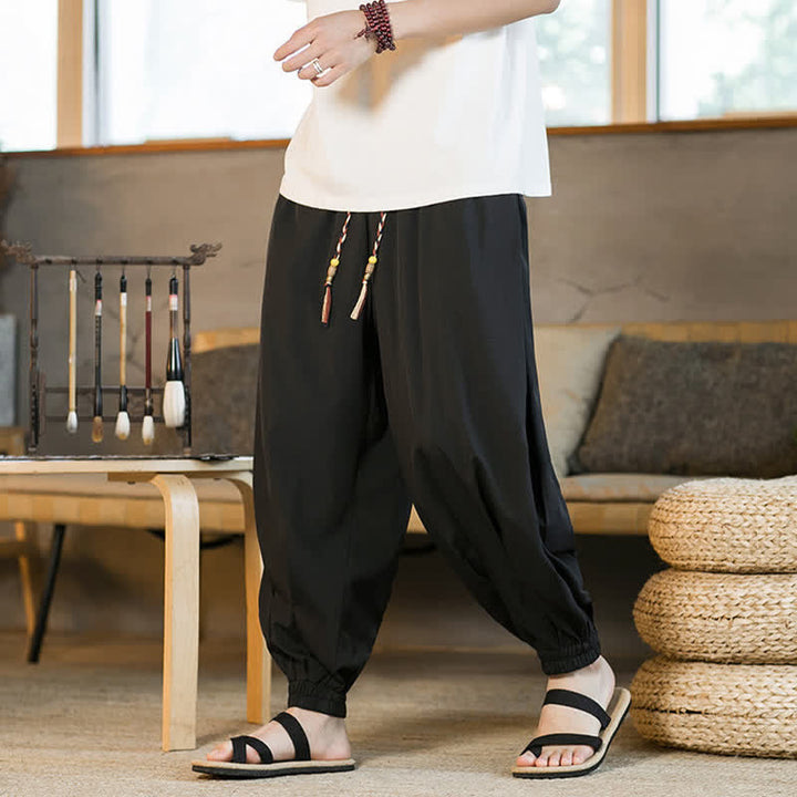 Buddha Stones Pantaloni harem da uomo estivi casual con coulisse e orlo elasticizzato, tinta unita, con tasche. - image 11