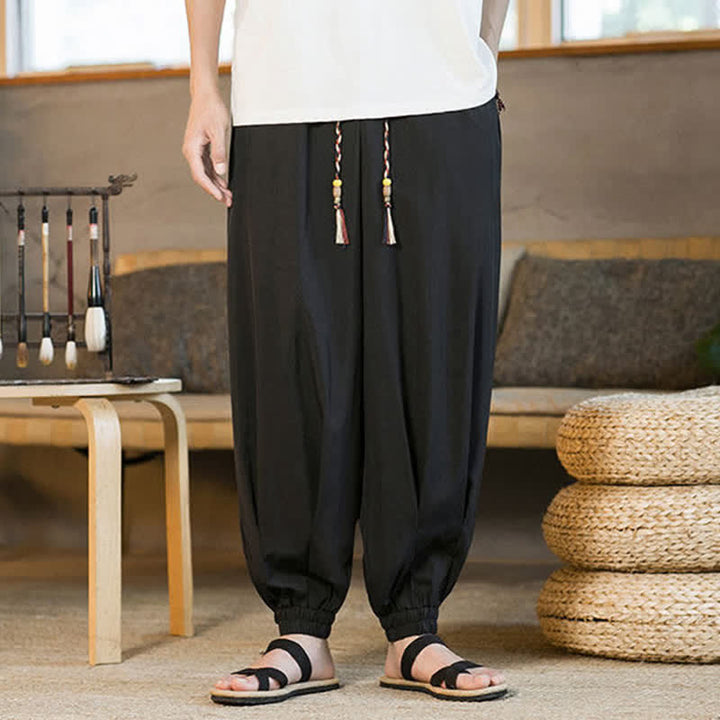 Buddha Stones Pantaloni harem da uomo estivi casual con coulisse e orlo elasticizzato, tinta unita, con tasche. - image 10