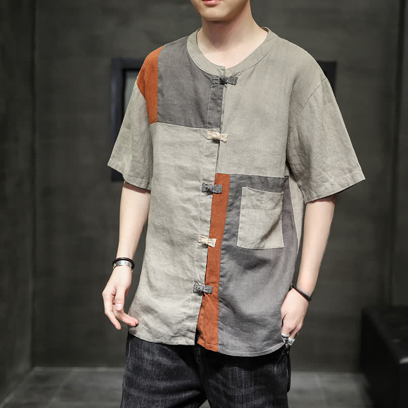 Buddha Stones Camicia da uomo a maniche corte con bottoni a forma di rana in stile vintage estivo e patchwork. - Tan - US/UK/AU46, EU56 (5XL) - image 0