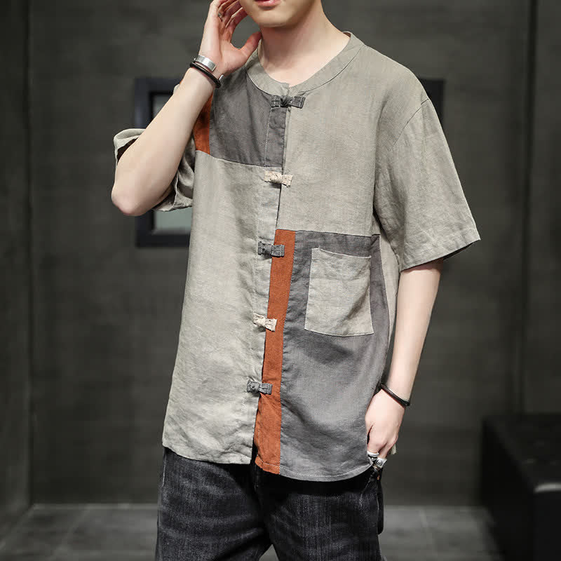 Buddha Stones Camicia da uomo a maniche corte con bottoni a forma di rana in stile vintage estivo e patchwork. - image 1