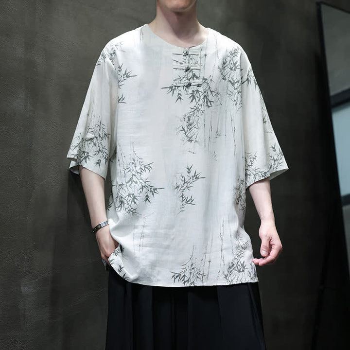 Buddha Stones Camicia da uomo a maniche corte in cotone e lino con bottoni a forma di rana, stile Summer Tang, con stampa bambù. - WhiteSmoke - US/UK/AU46, EU56 (5XL) - image 0