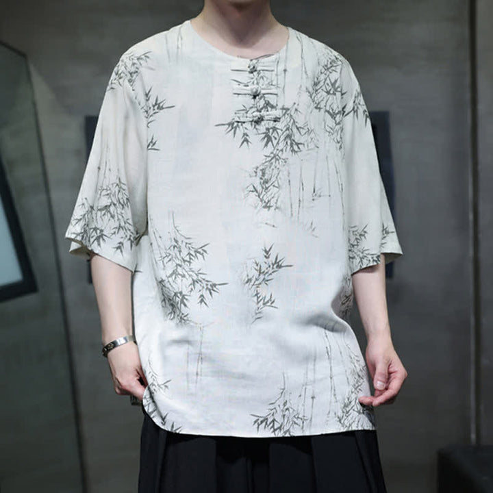 Buddha Stones Camicia da uomo a maniche corte in cotone e lino con bottoni a forma di rana, stile Summer Tang, con stampa bambù. - image 2