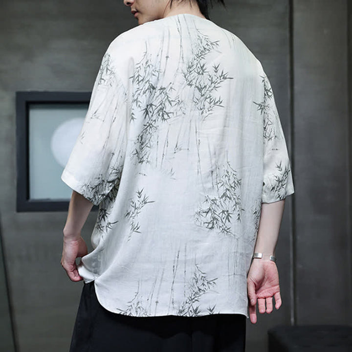 Buddha Stones Camicia da uomo a maniche corte in cotone e lino con bottoni a forma di rana, stile Summer Tang, con stampa bambù. - image 4